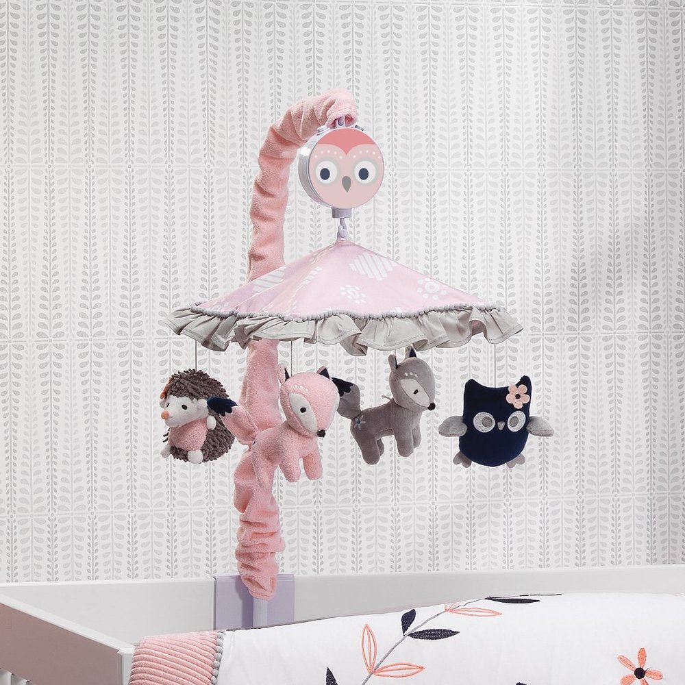 Lambs & Ivy Forever Friends Pink/Gray Woodland Owl/Fox Musical Baby Crib Mobile